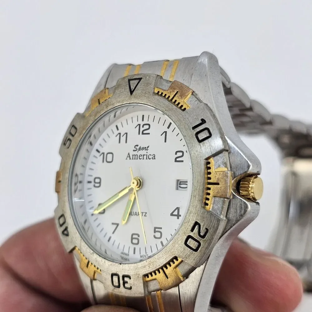 Men’s Sport America Watch 39MM White Dial Date Gold Gray Band 7.5